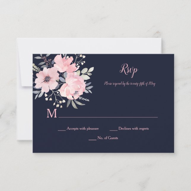 Pink Blush Floral - Navy - Wedding | RSVP Card (Front)