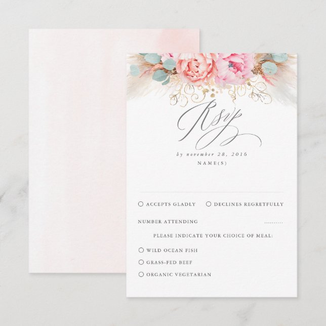 Pink Blush Floral Pampas Grass Wedding RSVP Card (Front/Back)
