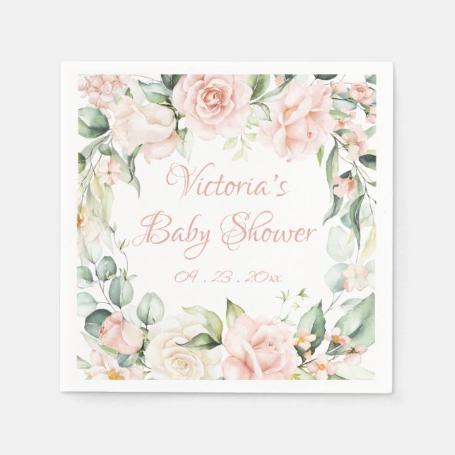 Pink Blush Floral Personalized Baby Shower  Napkin (Front)