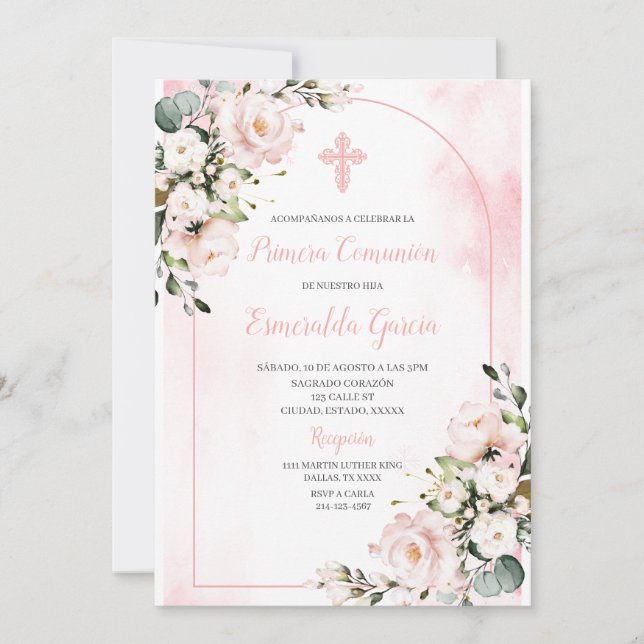 Pink blush floral première réunion Invitation (Devant)