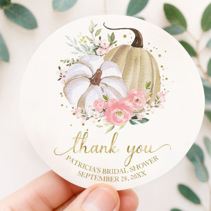Pink Blush Floral Pumpkin Fall Bridal Shower Favou Classic Round Sticker