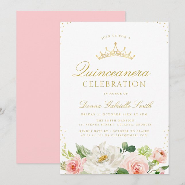 Pink blush floral Quinceanera invitation (Front/Back)
