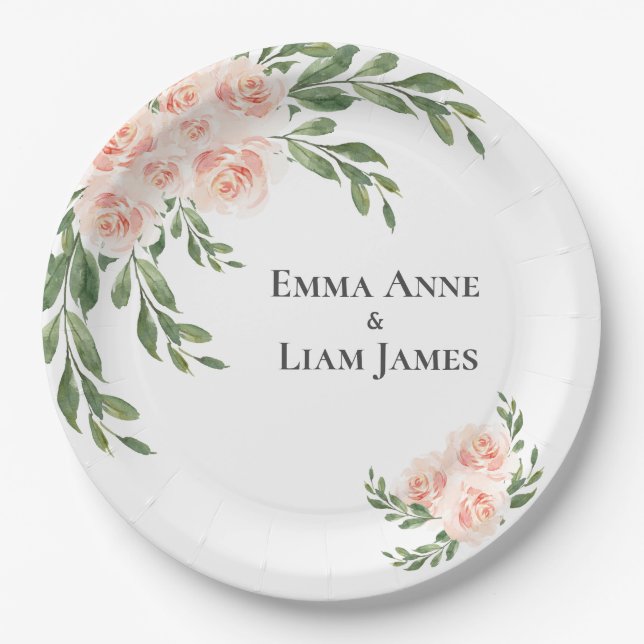 Pink Blush Floral Romantic Elegant Script Greenery Paper Plate (Front)