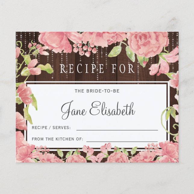 Pink blush floral rustic bride to be recipe card (Front)