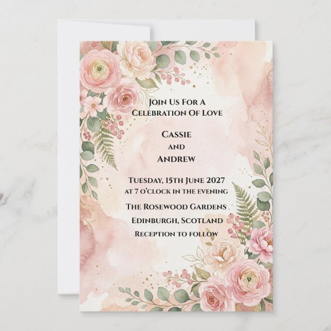 Pink Blush Floral Wedding Invitation (Front)