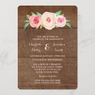 Pink Blush Floral Wood Wedding Invitations