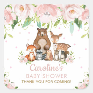 Pink Blush Floral Woodland Animals Thank You Favor Square Sticker