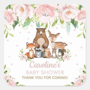 Pink Blush Floral Woodland Animals Thank You Favou Square Sticker