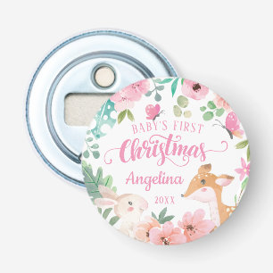 Pink Blush Floral Woodland Baby's 1st Christmas Bottle Opener