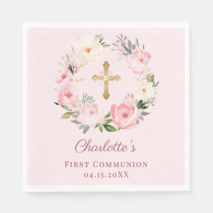 Pink blush floral wreath First Communion luncheon Napkin