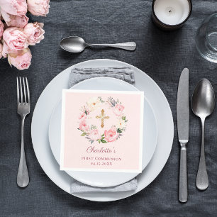 Pink blush floral wreath girl First Communion Napkin
