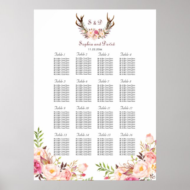 Pink Blush Flowers Antlers Wedding Seating Chart (Front)