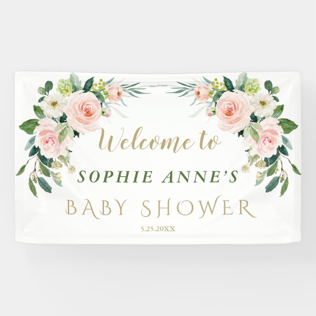 Pink Blush Flowers Baby Shower Welcome Sign (Horizontal)