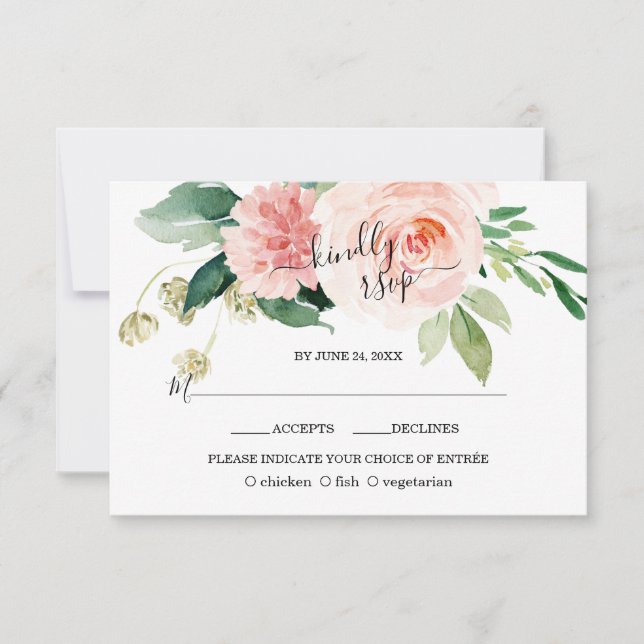 Pink Blush Flowers Deep Aqua Calligraphy Wedding RSVP Card (Front)