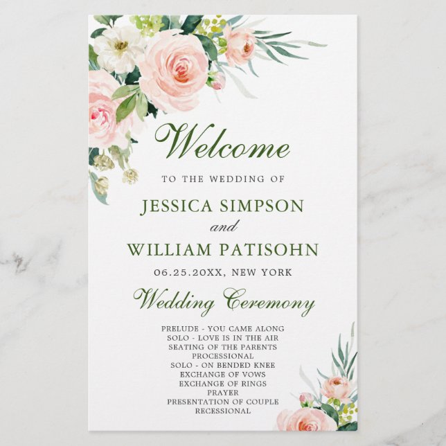 Pink Blush Flowers Floral Wedding Ceremony Program (Front)