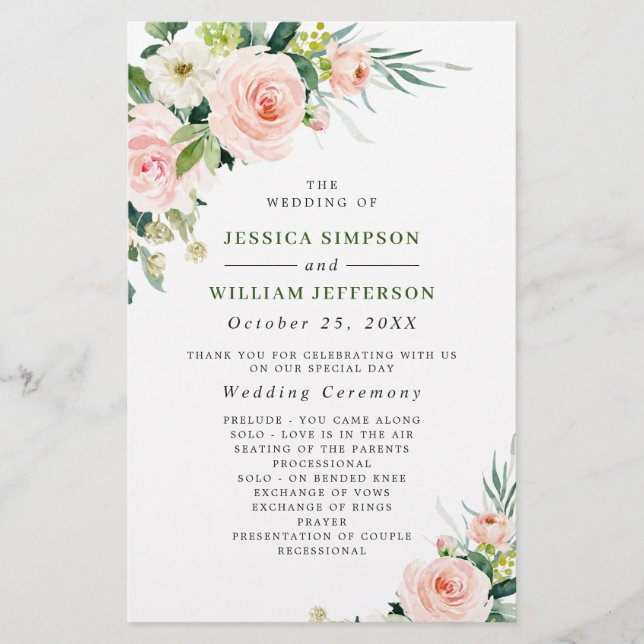 Pink Blush Flowers Floral Wedding Ceremony Program (Front)