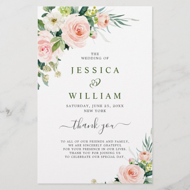 Pink Blush Flowers Floral Wedding Ceremony Program (Front)