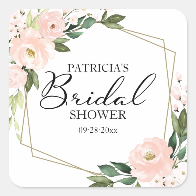 Pink Blush Flowers Geometric Bridal Shower  Square Sticker (Front)