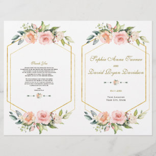 Pink Blush Flowers Gold Frame Wedding Program