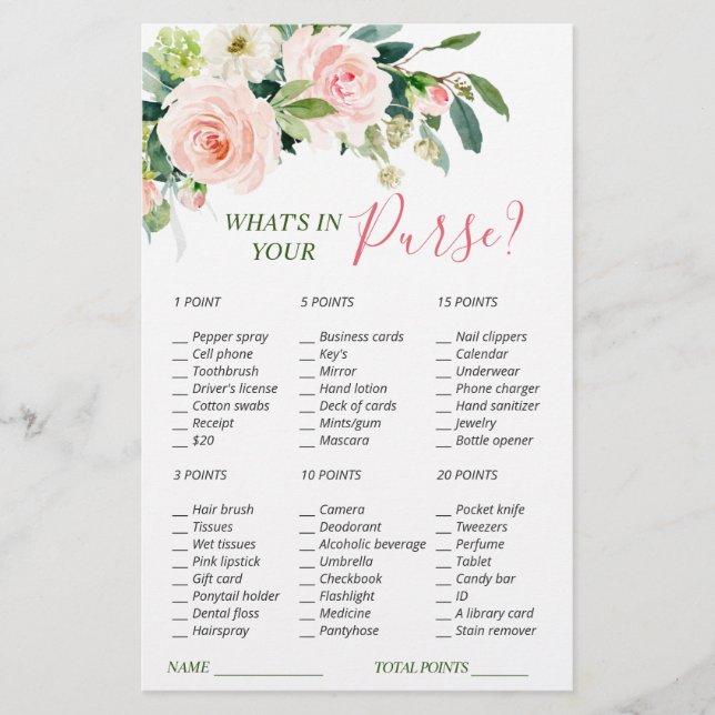 Pink Blush Flowers Greenery Bridal Shower Game (Front)
