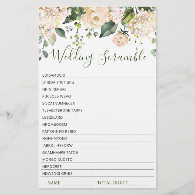 Pink Blush Flowers Greenery Bridal Shower Game (Front)