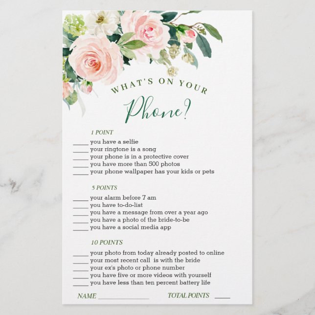 Pink Blush Flowers Greenery Bridal Shower Game (Front)
