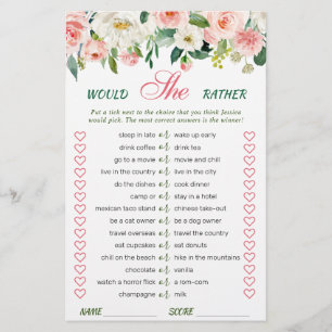 Pink Blush Flowers Greenery Bridal Shower Game