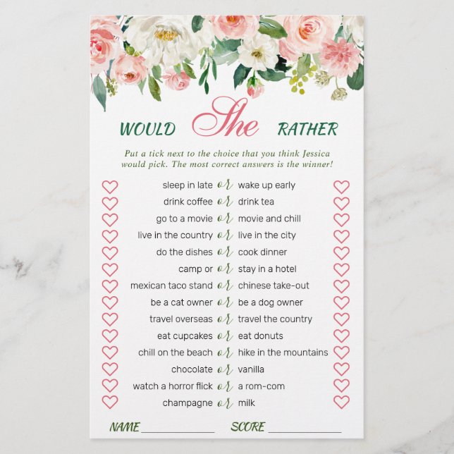 Pink Blush Flowers Greenery Bridal Shower Game (Front)