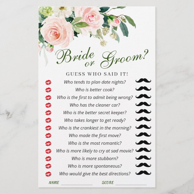 Pink Blush Flowers Greenery Bridal Shower Game (Front)