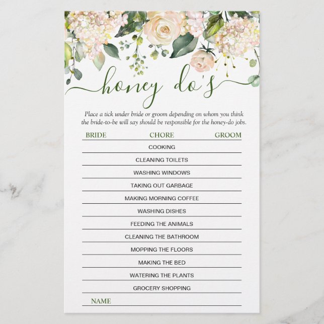 Pink Blush Flowers Greenery Bridal Shower Game (Front)