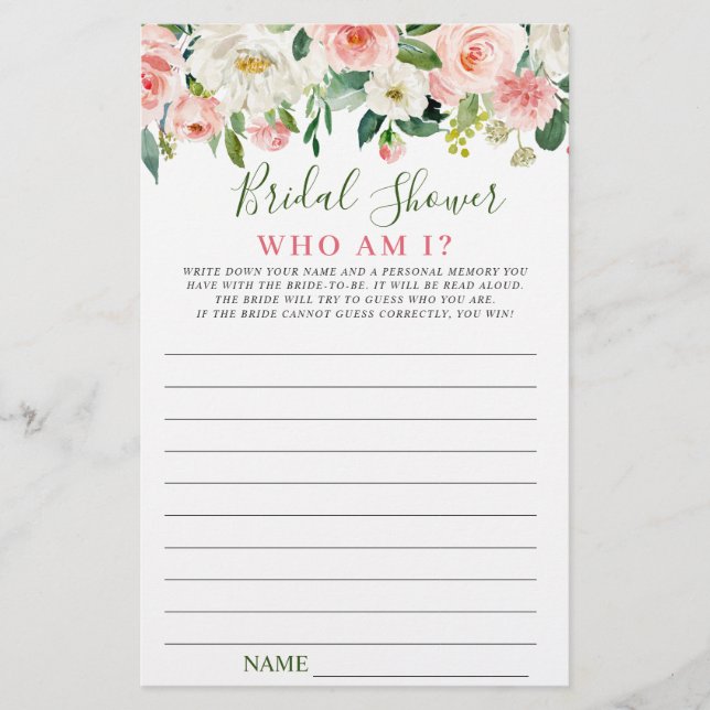 Pink Blush Flowers Greenery Bridal Shower Game (Front)