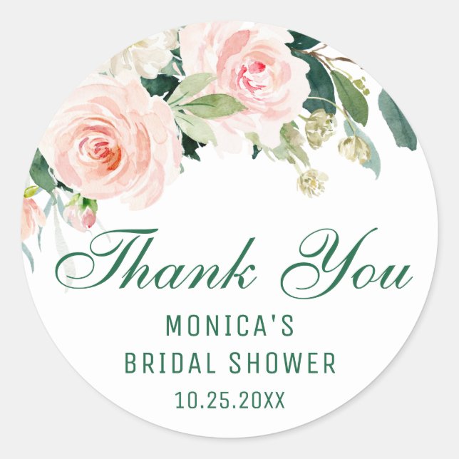Pink Blush Flowers Greenery Floral Bridal Shower Classic Round Sticker (Front)