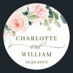 Pink Blush Flowers Greenery Floral Wedding Classic Round Sticker<br><div class="desc">For further customization,  please click the "customize further" link and use our design tool to modify this template. 
If you need help or matching items,  please contact me.</div>