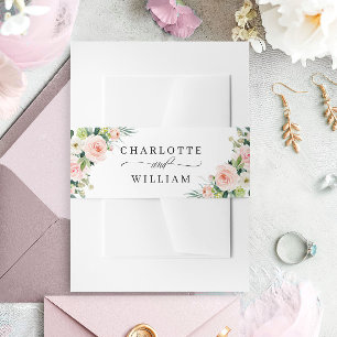 Pink Blush Flowers Greenery Floral Wedding Invitation Belly Band