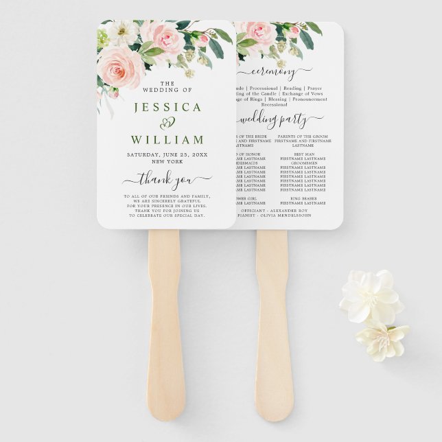 Pink Blush Flowers Greenery Floral Wedding Program Hand Fan (Front and Back)