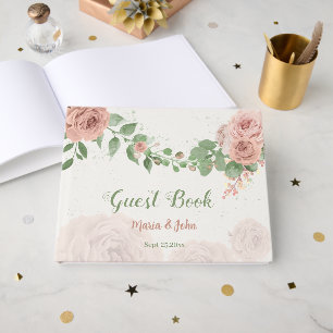 pink blush flowers sage green leaves guest book