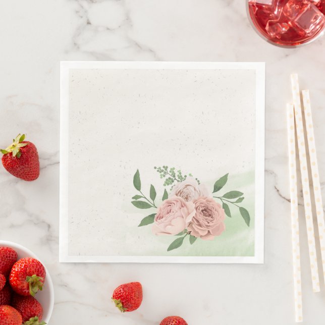 pink blush flowers sage green leaves wedding napkin (Insitu)