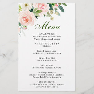 Pink Blush Flowers Verdure Dîner Mariage Menu