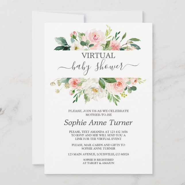 Pink Blush Flowers Virtual Baby Shower By Mail Invitation (Front)
