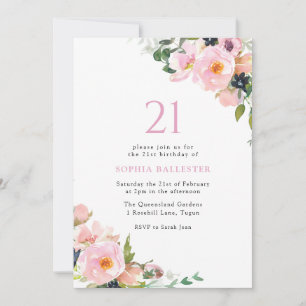 Pink Blush Flowers Womans 21st Birthday Party Invitation