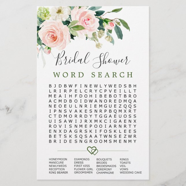 Pink Blush Flowers Word Search Bridal Shower Game (Front)