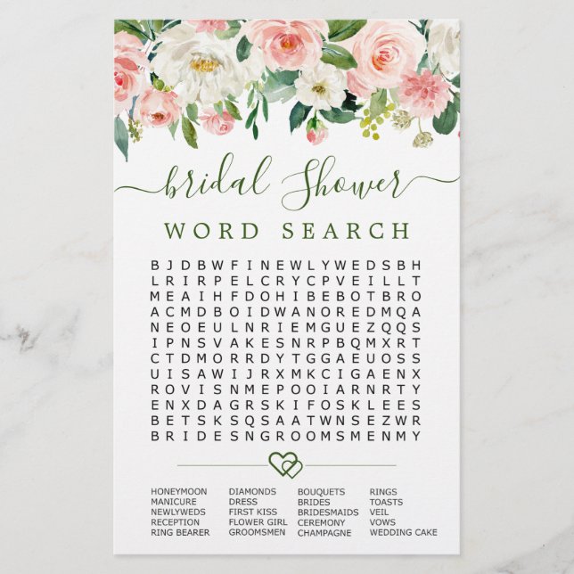 Pink Blush Flowers Word Search Bridal Shower Game (Front)