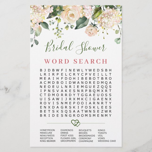 Pink Blush Flowers Word Search Bridal Shower Game (Front)