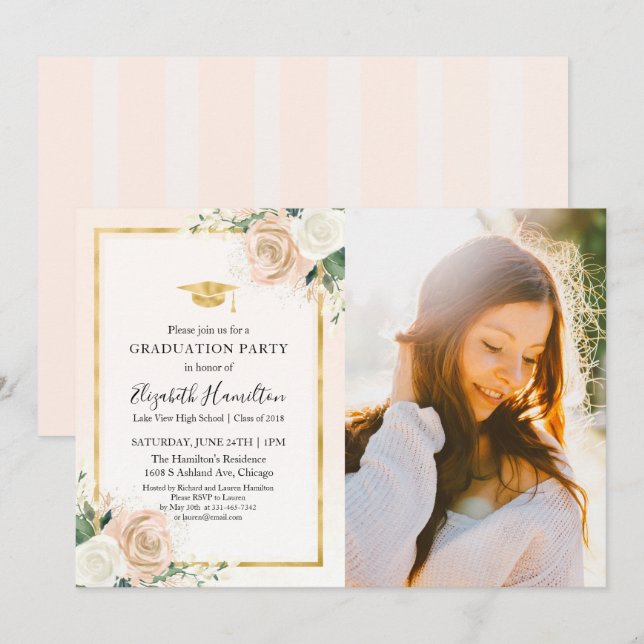Pink Blush & Foil Gold Floral Grad Party Photo Invitation (Front/Back)
