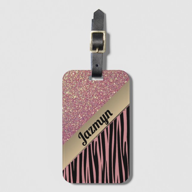 Pink Blush Glam Zebra Print Personalized Luggage Tag (Front Vertical)