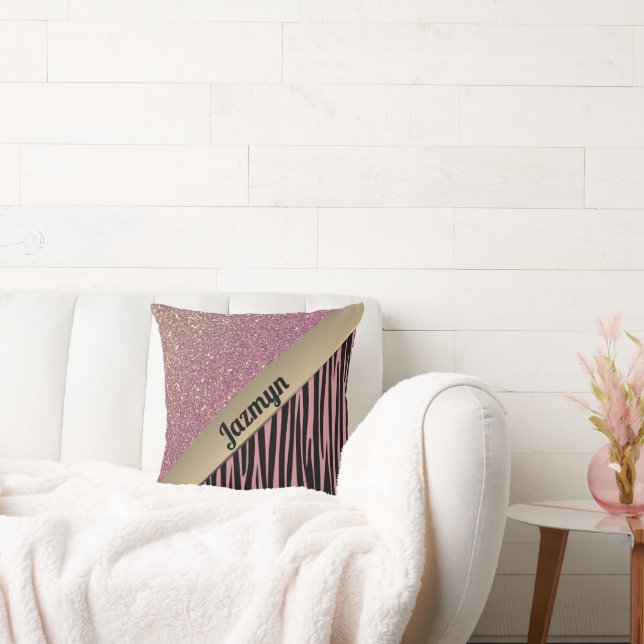 Pink Blush Glam Zebra Print Personalized Throw Pillow (Couch)
