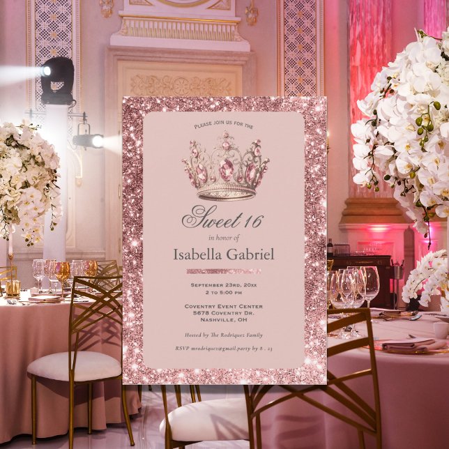 Pink Blush Glitter Tiara Crown Elegant Sweet 16 Invitation (Creator Uploaded)