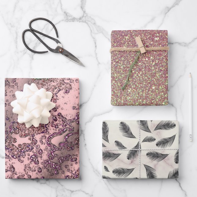 Pink Blush Glittery Marble Feathers Wrapping Paper Sheet (Front)