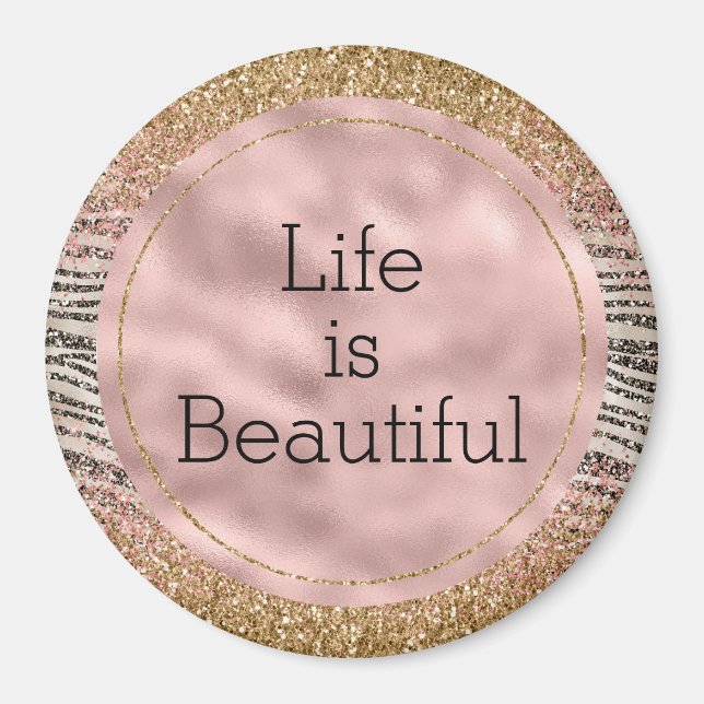 Pink Blush Gold Black Glitzy Glitter Zebra Print Magnet (Front)