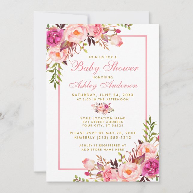 Pink Blush Gold Floral Baby Shower Invitation PS (Front)